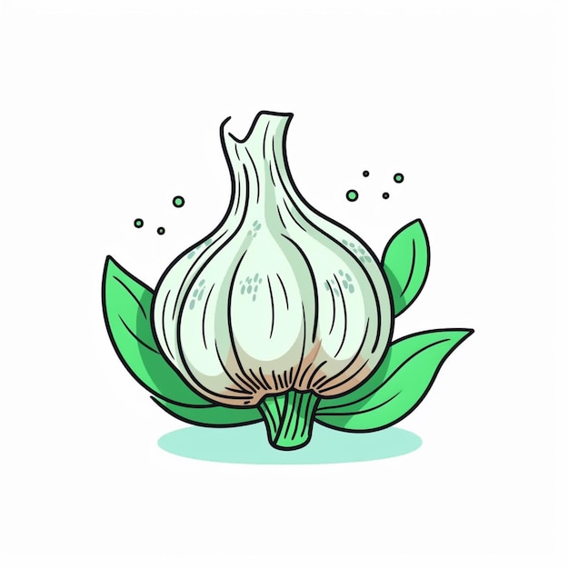 A drawing of a garlic with green leaves