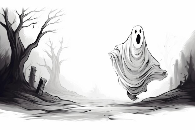 Photo a drawing of a ghost and a dead tree