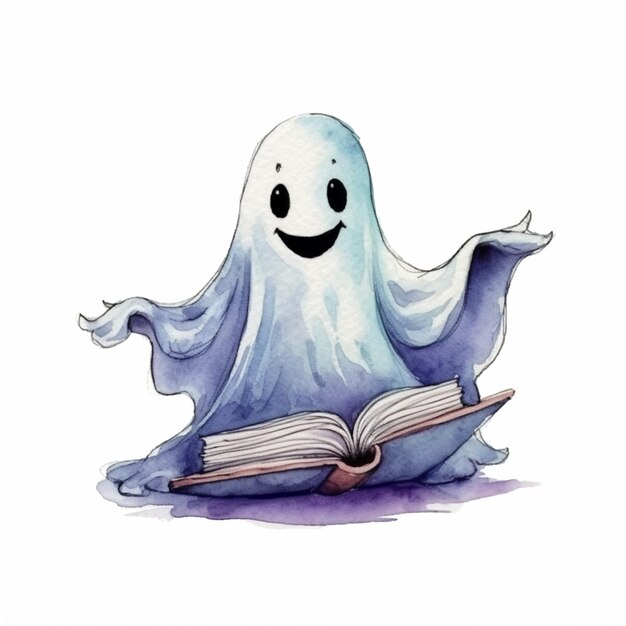 A drawing of a ghost reading a book with a smile on it generative ai