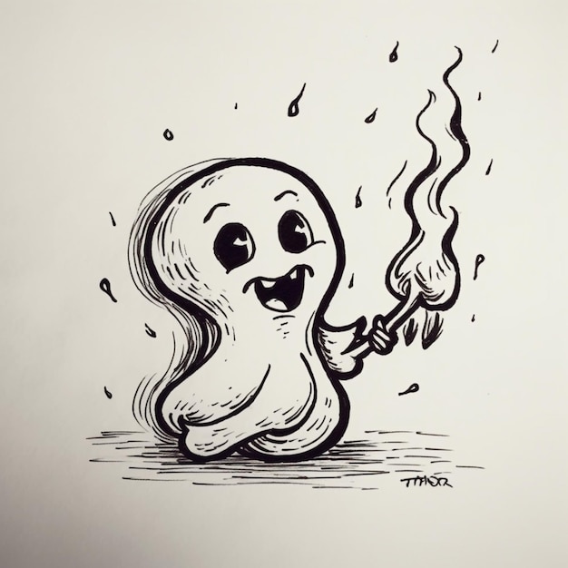 A drawing of a ghost with eyes and black eyes is drawn on a white paper.