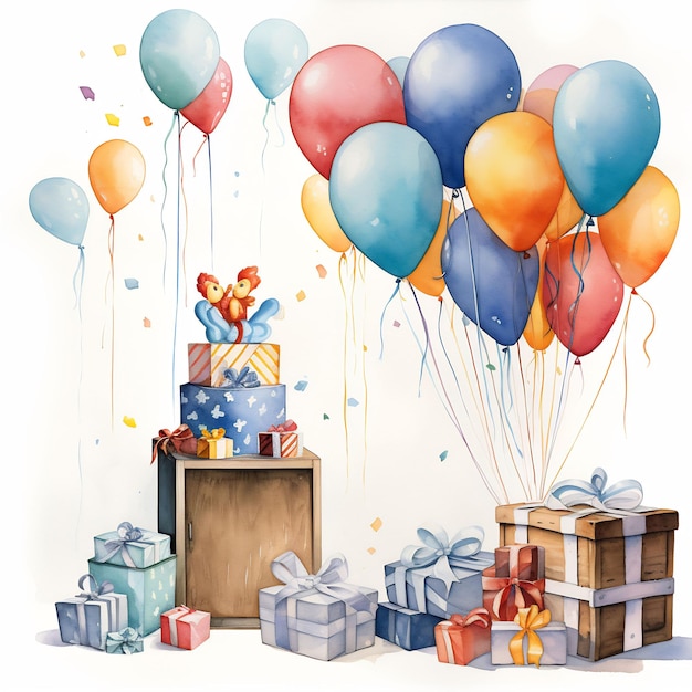 a drawing of a gift box with balloons and a box of balloons