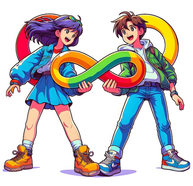 a drawing of a girl and boy holding a infinity colored ring