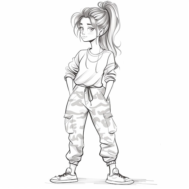 Photo a drawing of a girl in a camouflage outfit generative ai