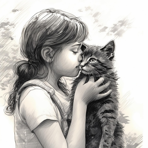 a drawing of a girl and a cat with a girl kissing it