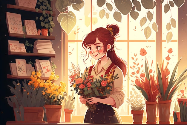 Drawing girl creating beautiful bouquet flower shop