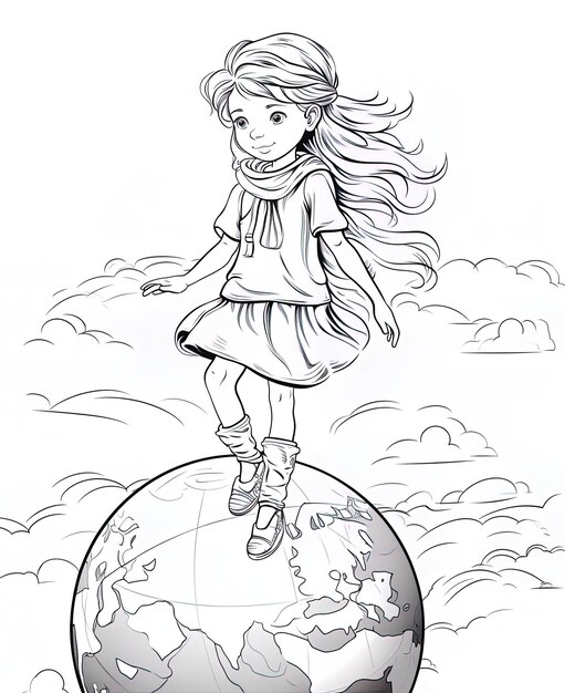 a drawing of a girl on a globe with the words " the word " on it.