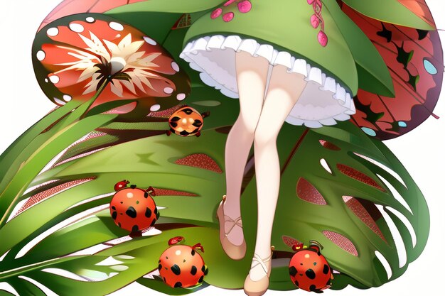 A drawing of a girl in a green dress with a bunch of ladybugs on it.