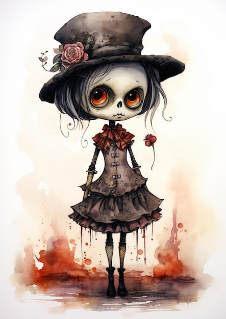 絵を描く女の子 帽子 バラの手 不気味で厳しい 若い灰 生きているように見える ボロボロのぼろぼろのドレス 砂糖の頭蓋骨