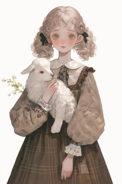 Drawing of a girl holding a lamb generative ai