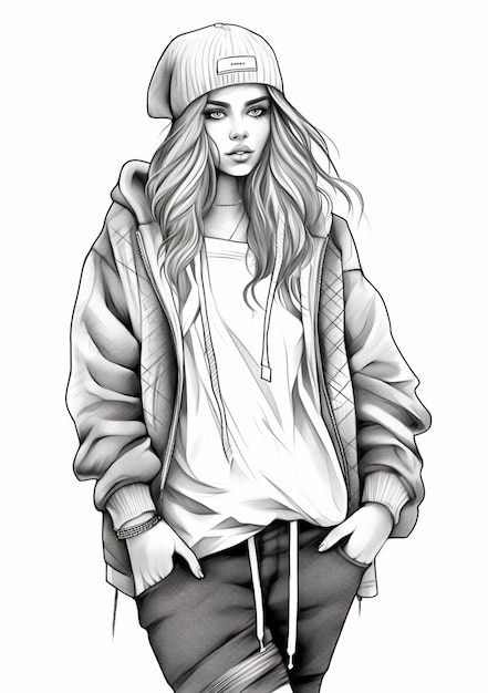 Photo a drawing of a girl in a hoodie and shorts generative ai