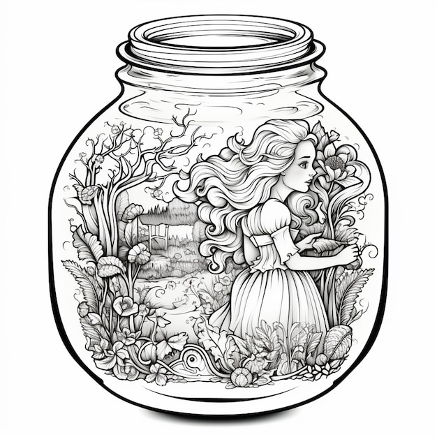 Photo a drawing of a girl in a jar with flowers and plants generative ai