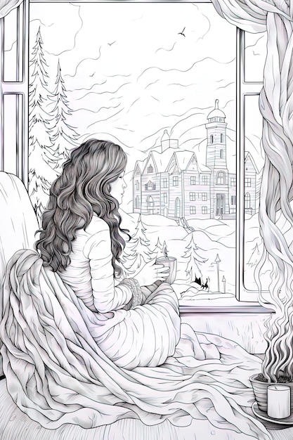 a drawing of a girl looking out a window with a drawing of a building in the background.