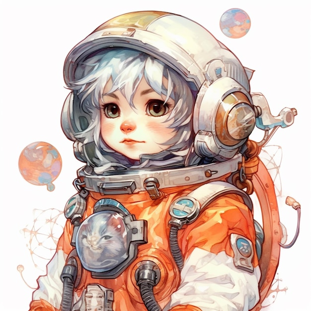 A drawing of a girl in an orange suit with white hair and a space suit.