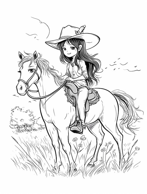 a drawing of a girl riding a horse in a field generative ai