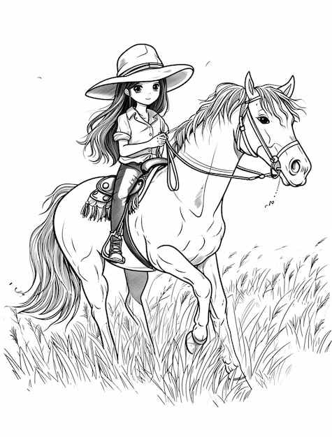 a drawing of a girl riding a horse in a field generative ai