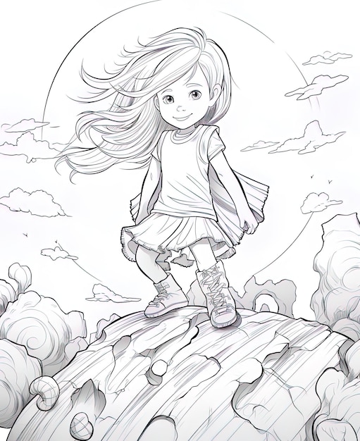 a drawing of a girl on a rock with the moon in the background.