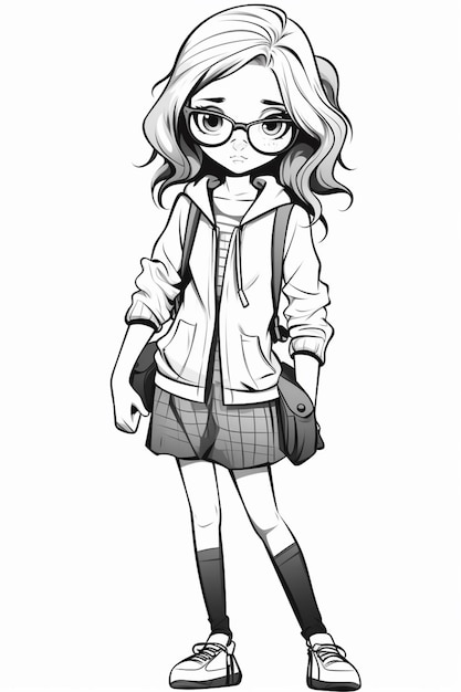 a drawing of a girl in a school uniform with glasses generative ai