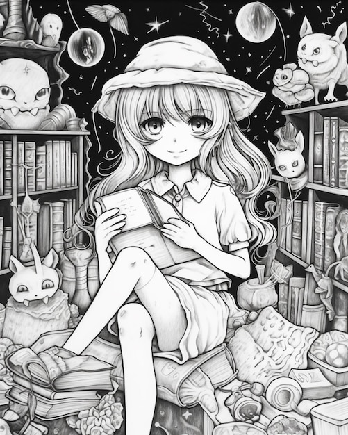 A drawing of a girl sitting on a book shelf with cats generative ai