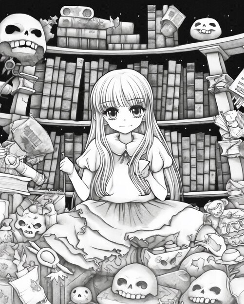 Photo a drawing of a girl sitting in a library surrounded by skulls generative ai