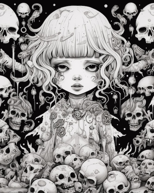 A drawing of a girl surrounded by skulls and skulls generative ai