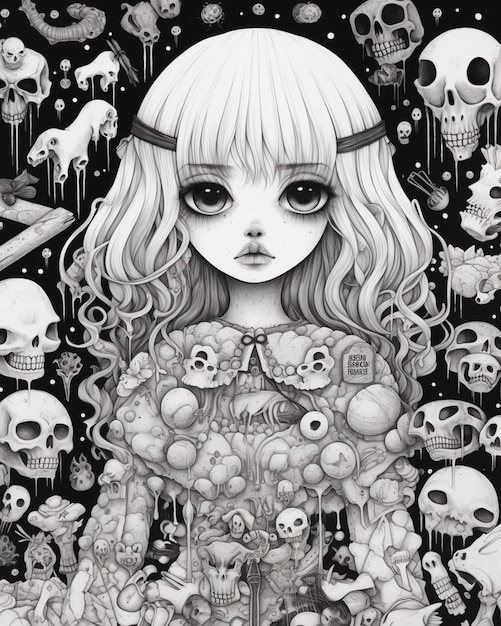 A drawing of a girl surrounded by skulls and skulls generative ai