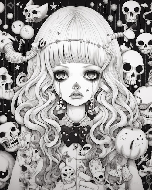 A drawing of a girl surrounded by skulls and skulls generative ai