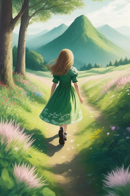 A drawing of a girl wearing dress walking in a forest path facing a beautiful green mountain in t