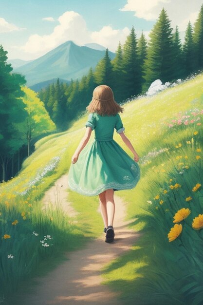 A drawing of a girl wearing dress walking in a forest path facing a beautiful green mountain in t