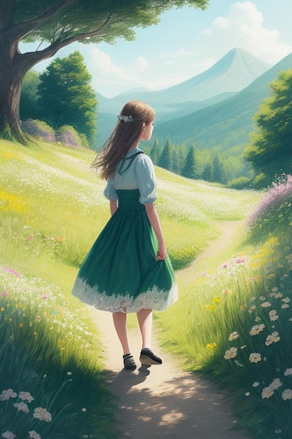 A drawing of a girl wearing dress walking in a forest path facing a beautiful green mountain in t