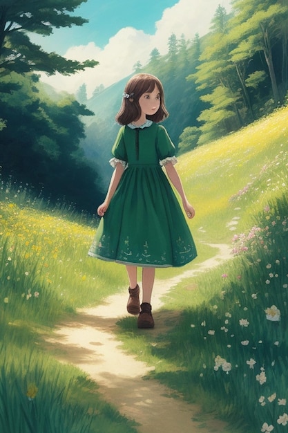 A drawing of a girl wearing dress walking in a forest path facing a beautiful green mountain in t