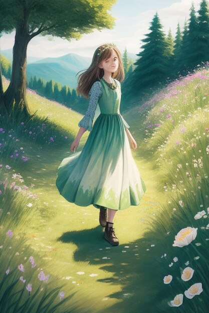 A drawing of a girl wearing dress walking in a forest path facing a beautiful green mountain in t