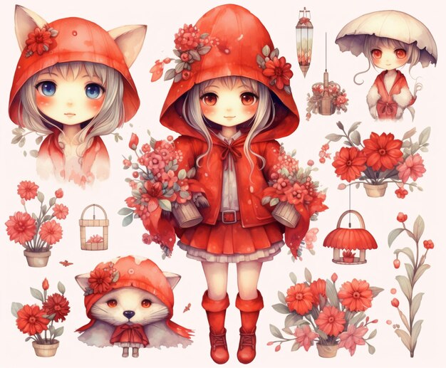 A drawing of a girl wearing a red coat and a hat with a flower on it.