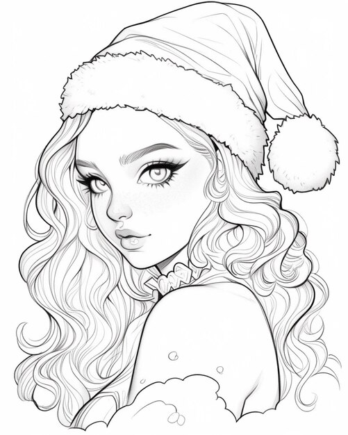 Photo a drawing of a girl wearing a santa hat generative ai