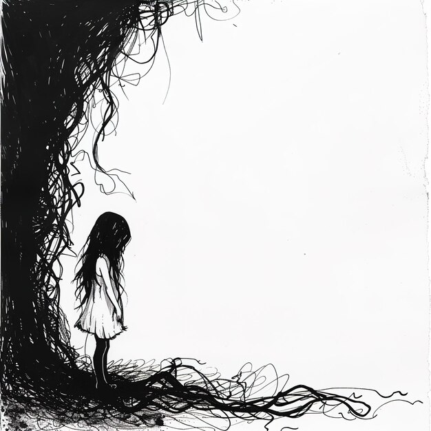 Photo a drawing of a girl in a white dress and a tree