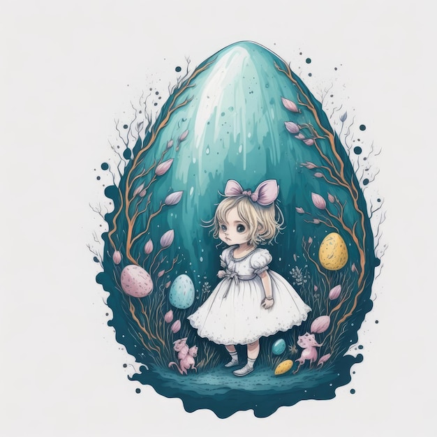 A drawing of a girl in a white dress with a bow on her head stands in front of a large egg