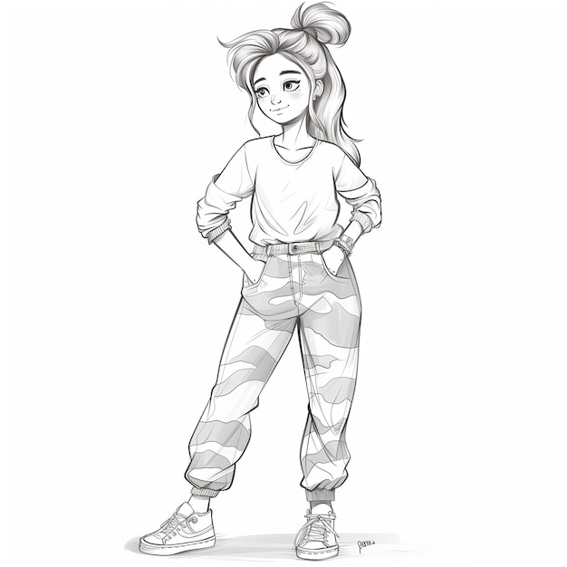 Photo a drawing of a girl in a white shirt and camouflage pants generative ai