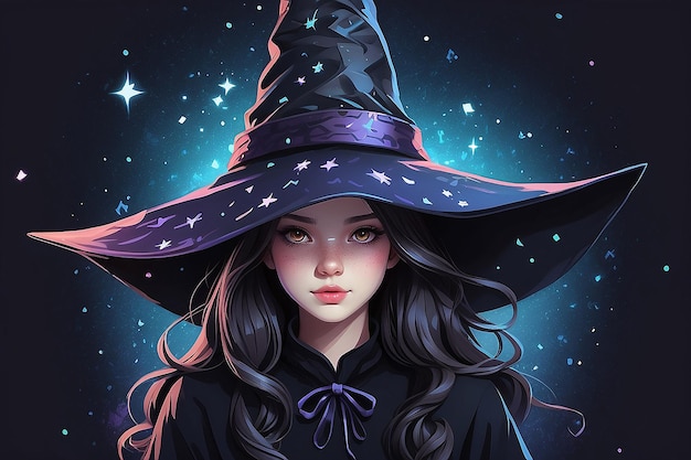 A drawing of a girl in a witch hat with stars generative ai