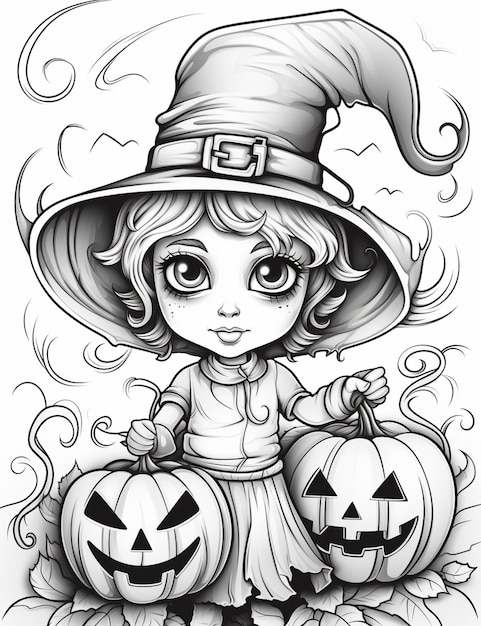 a drawing of a girl in a witch hat with two pumpkins generative ai