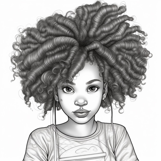 a drawing of a girl with a big afro with a book generative ai