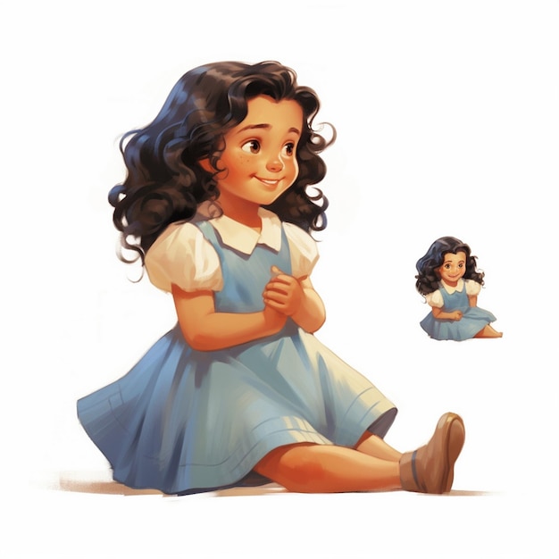 a drawing of a girl with a blue dress and a blue bow.