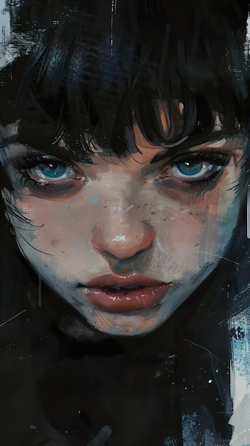 青い目と黒いシャツを着た女の子の絵