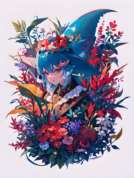 A drawing of a girl with a blue hair and a flower in the middle.