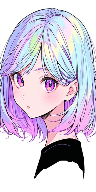 青い髪と紫の目をした女の子の絵。