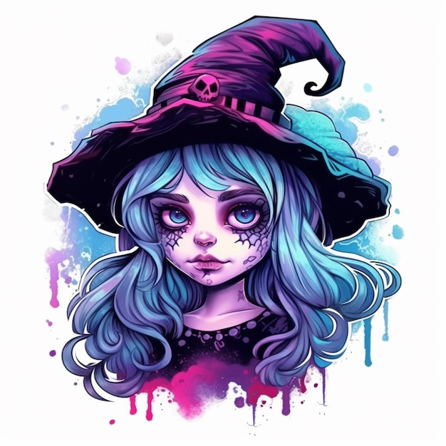 A drawing of a girl with blue hair wearing a witch hat generative ai