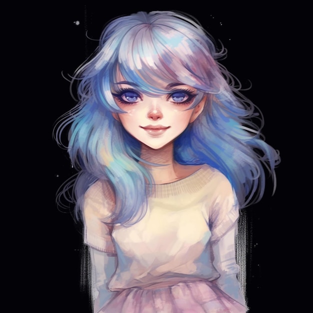 A drawing of a girl with blue hair and a white shirt generative ai