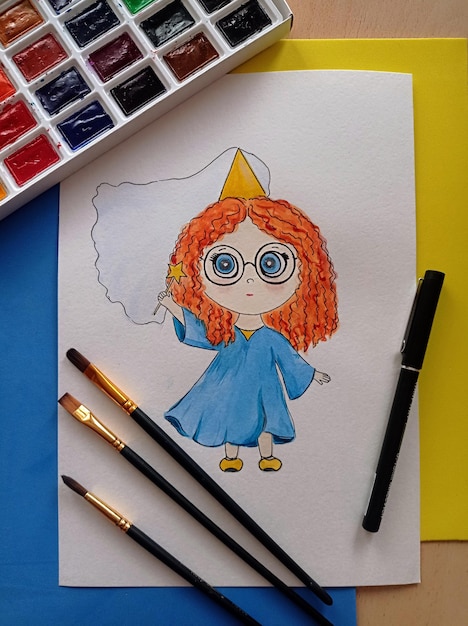 A drawing of a girl with a blue hat and glasses.