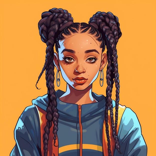 Photo a drawing of a girl with braids and a hoodie.