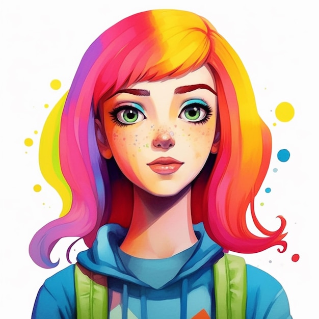 a drawing of a girl with bright hair and a backpack generative ai