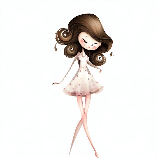 A drawing of a girl with brown hair and a pink polka dot dress.
