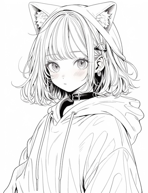 a drawing of a girl with a cat ear and a hoodie generative ai